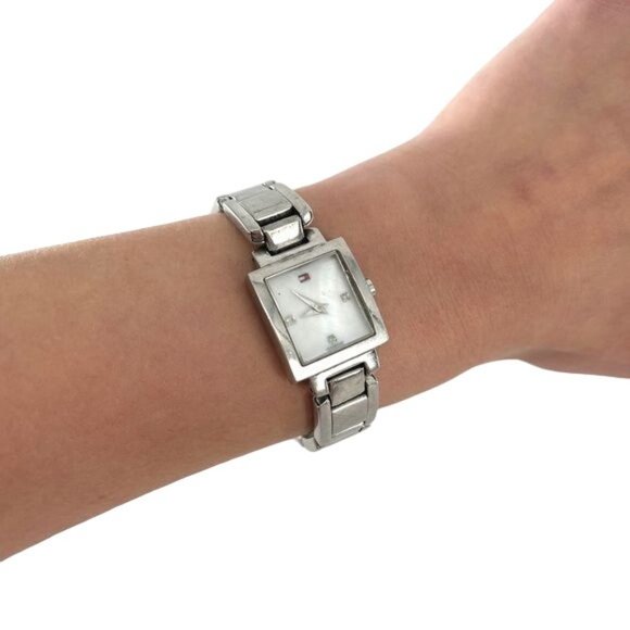 90’s Y2K Tommy Hilfiger Diamond & Stainless Steel Chain Rectangle Watch - Picture 2 of 9